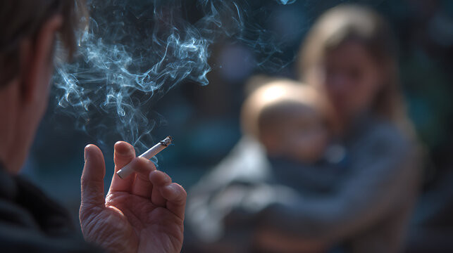 A person holds a smoldering cigarette, with ethereal smoke swirling upwards, while a blurred figure of a woman holding a baby appears in the soft background
