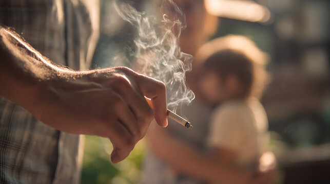 Adult hold cigarette with smoke rise up close focus, small child in blurred background bokeh light focus, concept of passive smoke danger addiction