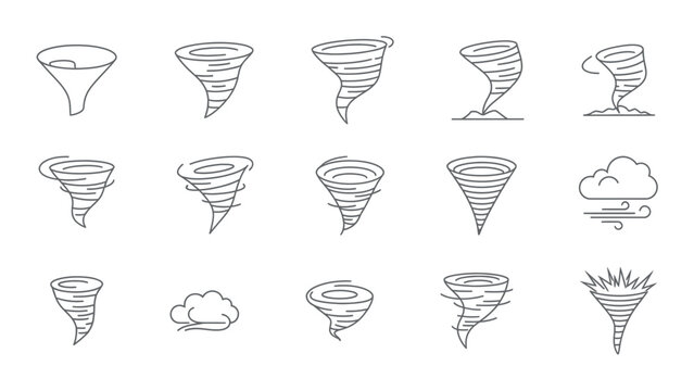 Tornado and wind storm icons set featuring cyclone swirls, funnel clouds, and hurricane weather symbols