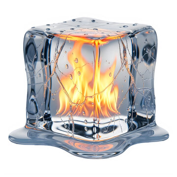 Ice cube with fire isolated on transparent background