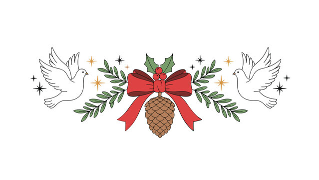 Festive Christmas border design features a large red bow, a pinecone, evergreen branches, and two white doves of peace with sparkling stars.