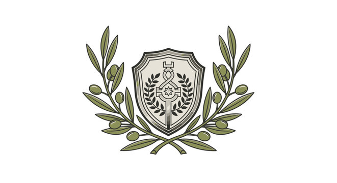 A detailed illustration of a heraldic crest featuring a central shield with an intricate symbol, surrounded by elegant olive branches forming a wreath.