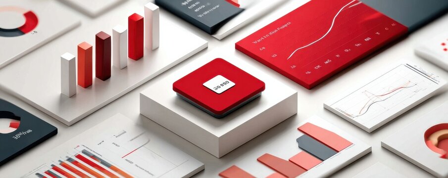 Business data analytics and growth concept with chip on podium and red charts for finance technology