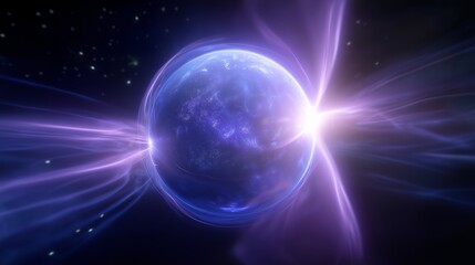 Fototapeta premium Magnetosphere shield concept model, electromagnetic coil array surrounding spacecraft miniature, purple plasma field effect illuminated, radiation particles deflecting around protection zone, ideal