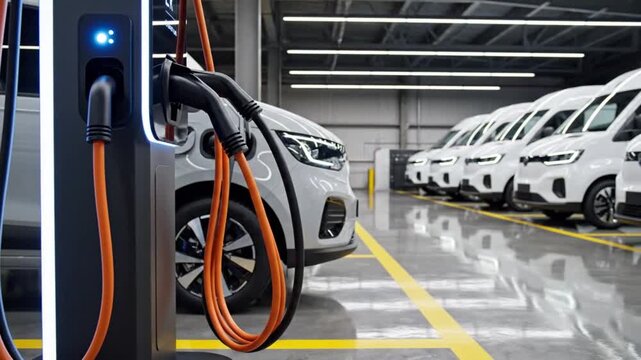 Electric vans charging in modern warehouse facility using advanced technology for sustainable fleet management and energy infrastructure development