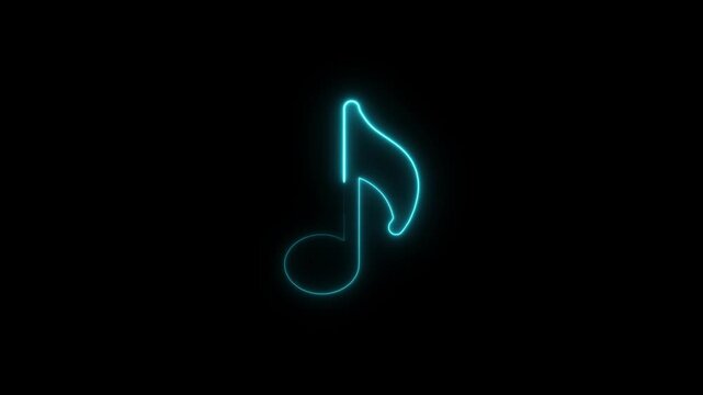 Neon music icon animation. neon glowing single musical note icon on black background, 4k video