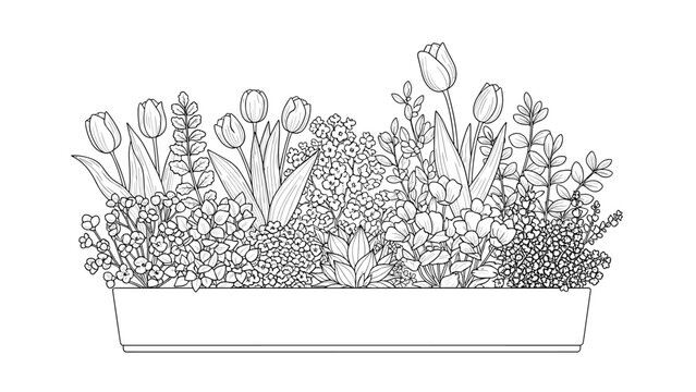 Detailed line art illustration of a long planter box overflowing with various spring flowers and lush foliage, perfect for gardening themes.
