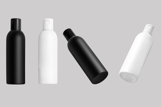 Blank black and white matte cosmetic bottle with flip top cap mockup template for branding, 3d rendering.