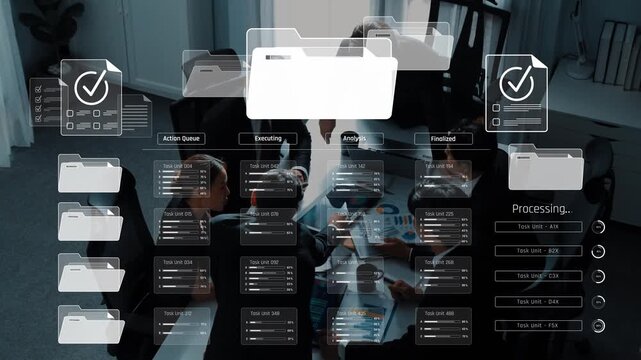 A modern office scene depicting a team engaged in collaboration using digital task boards and action folders to enhance workflow and boost project efficiency. Raster