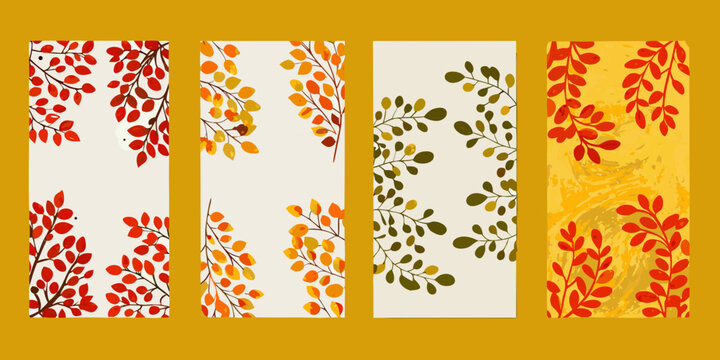 Four vertical panels displaying colorful autumn leaf patterns and textures