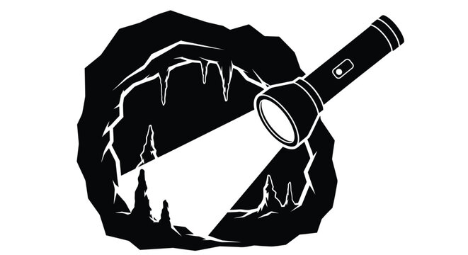 A black and white illustration depicting a flashlight illuminating a cave entrance