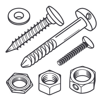 Hardware fasteners set including screws, bolts, washers and hexagonal nuts for mechanical assembly