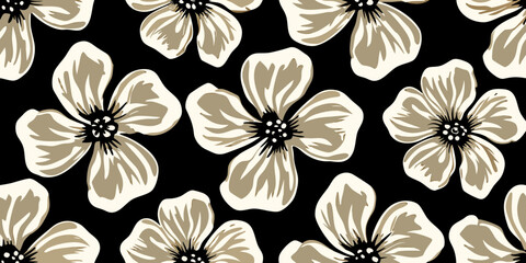 Elegant floral pattern with stylized cream colored blossoms on black © SreemotiRaba