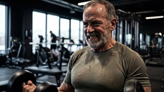 Senior man lifting dumbbells in gym workout sequence. Smiling during bicep curl exercises. Fitness strength training for older adults.