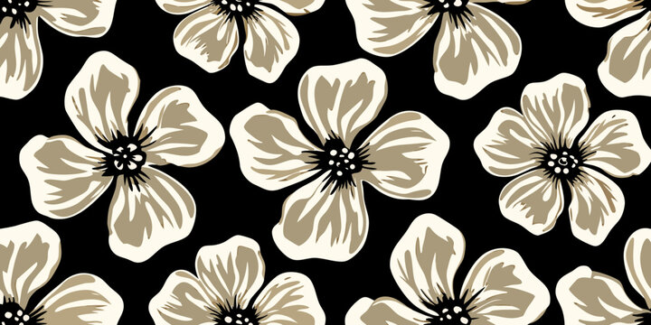 Elegant floral pattern with stylized cream colored blossoms on black