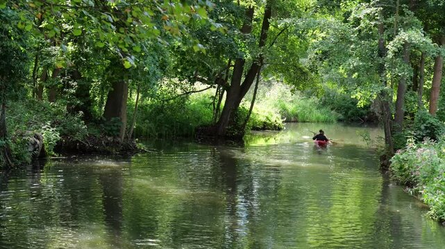 L&uuml;bbenau, Germany &ndash; Leisure kayaking on idyllic waterway between trees in the Spreewald. Suitable for sustainable tourism and recreation.