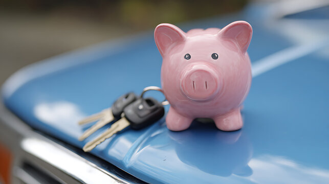 Pink Piggy Bank and Car Keys on a Blue Vehicle Hood: Concept for Auto Savings, Purchase, Insurance, or Financial Responsibility