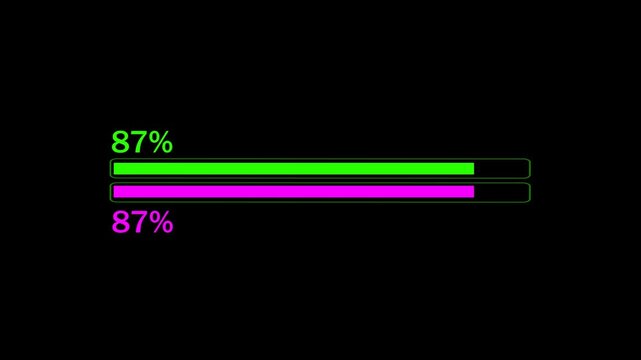 Blue and green progress bar animation, percentage loading on a black background