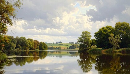 Fototapeta premium tranquil lakeside scenery with reflective water and cloudy sky