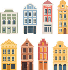 Obraz premium European city houses vector set, colorful old town buildings with traditional architecture for urban design