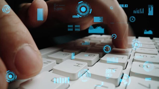 A hand actively typing on a keyboard is displayed, surrounded by a digital overlay of data analytics elements, reflecting modern technology used in workplaces. Xenic