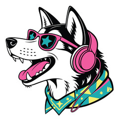 Cool husky dog with pink headphones and sunglasses vector illustration © Epicart