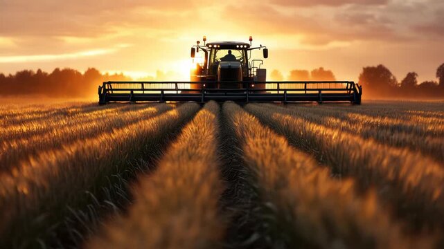 A combine harvester works across golden wheat fields during a fiery sunrise