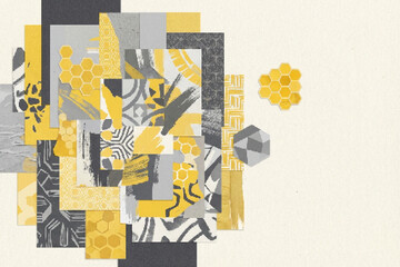 Fototapeta premium Abstract geometric collage vector background with yellow and gray patterned shapes, modern design for creative projects, banners, and presentations