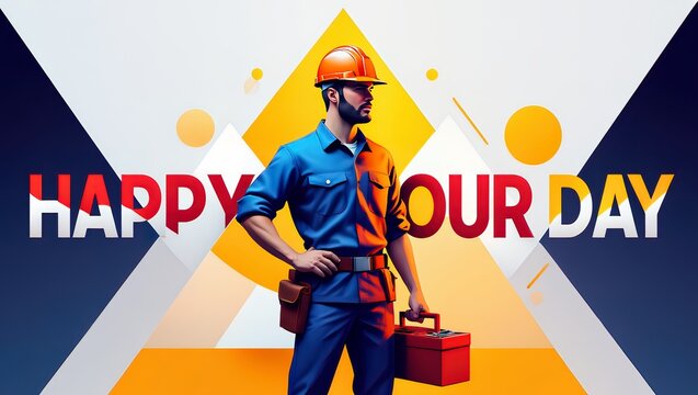 Construction worker with happy labor day message on colorful background
