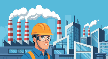 An industrial worker stands before a factory skyline with smokestacks depicted in a striking silhouette high quality professional detailed modern elegant © GDMala02