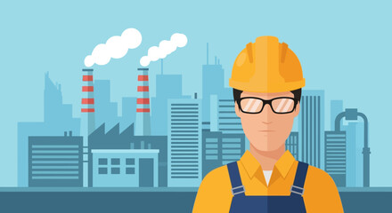 A worker in a yellow hard hat stands before a factory skyline embodying industrial labor a striking silhouette high quality © GDMala02