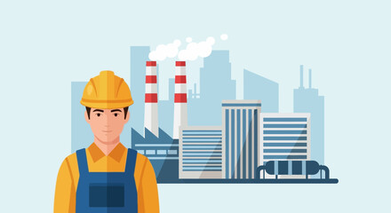 A construction worker stands confidently before an industrial cityscape displaying a bold silhouette high quality professional detailed modern elegant stylish clean © GDMala02