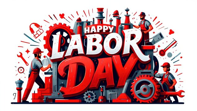 Happy labor day greeting with workers and tools on isolated white background