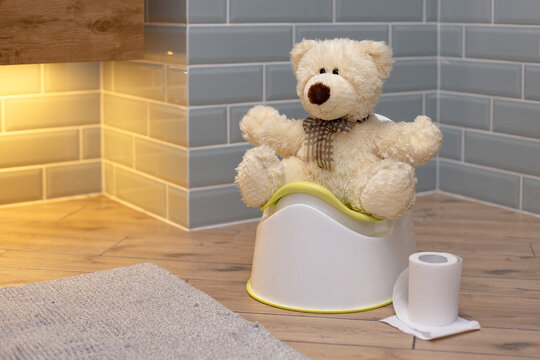 A soft toy sits on a potty. Toilet paper nearby
