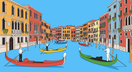 A vibrant venetian canal scene showcases gondolas and colorful buildings beautifully rendered as a striking silhouette high quality professional detailed modern © GDMala02