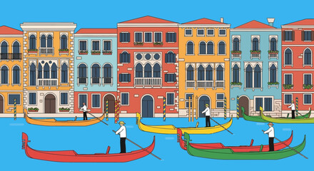 A vibrant venetian cityscape with gondolas and gondoliers presented in a flat illustrative silhouette high quality professional detailed modern elegant stylish © GDMala02