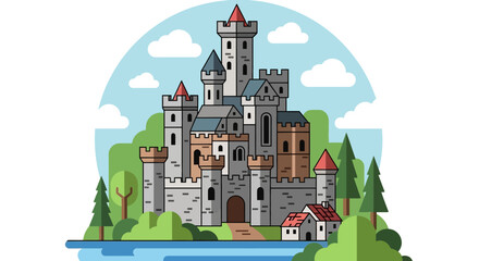 A colorful illustration depicts a medieval castle with towers trees and a small village presented as a silhouette high quality professional © GDMala02