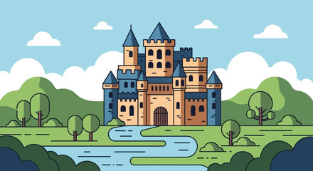 A vibrant illustration depicts a fairytale castle with rolling green hills and a flowing river presented as a striking silhouette © GDMala02
