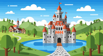 A vibrant illustration depicts a fairytale castle with surrounding greenery and a winding path a striking silhouette high quality professional detailed © GDMala02