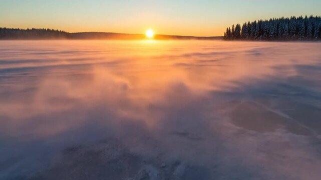Dramatic winter sunrise over frozen lake with blowing snow creating beautiful textures and light