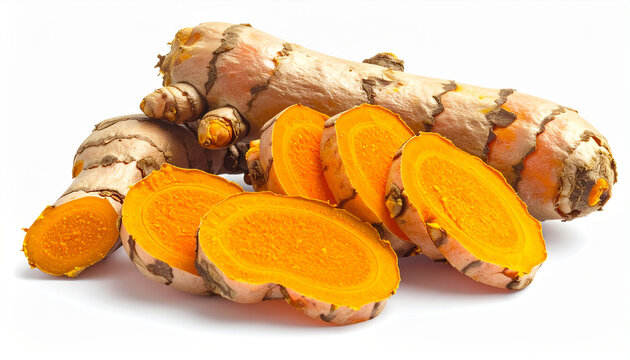 Fresh turmeric root and sliced pieces isolated on a white background