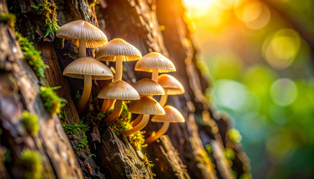 Mushrooms growing on tree trunk illuminated by sunlight closeup view