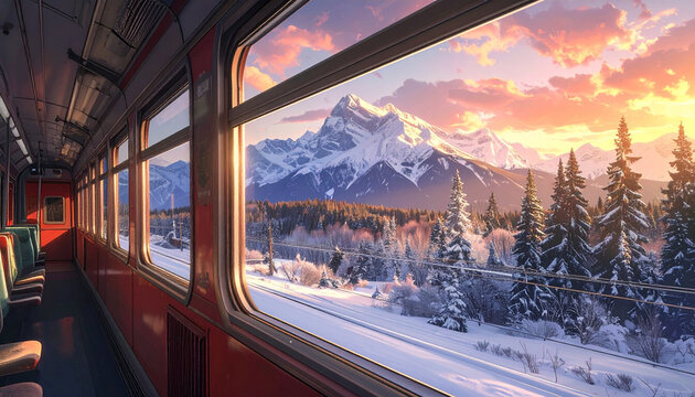 Scenic train view through window of snowy mountain landscape at sunset