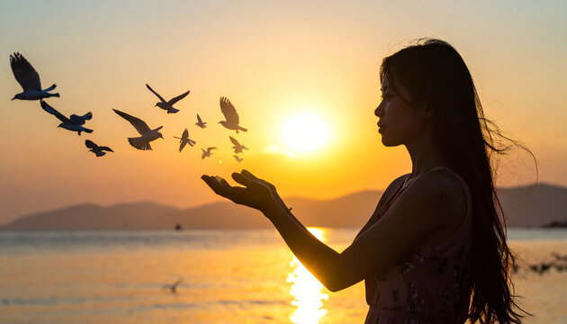 Woman releasing birds silhouette against sunset sky scenic view