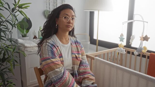 Woman sitting by wooden baby crib in building, wearing glasses and patterned cardigan, hands folded and gazing at window; motherhood reflection serenity.