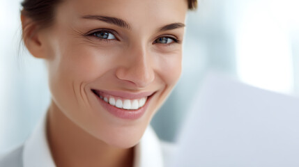 Obraz premium Confident Professional Woman Smile Portrait Close-Up with Bright White Teeth, Expressing Positivity and Success in a Modern Office Environment