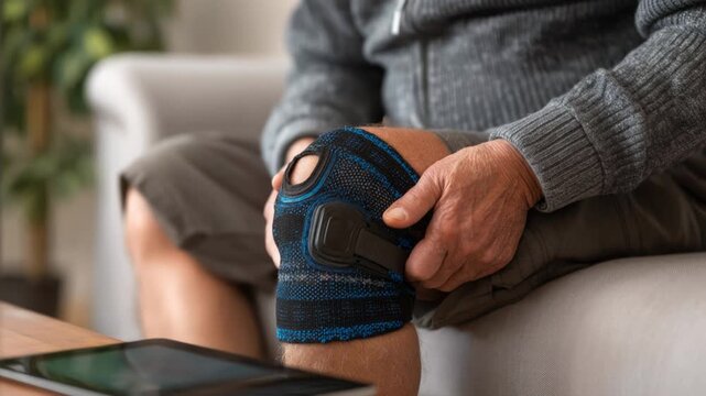 Elderly man adjusting a knee brace for support and pain relief while sitting on a couch