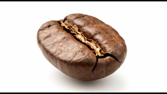 A single, brown, roasted coffee bean with a distinctive crease and wrinkled surface