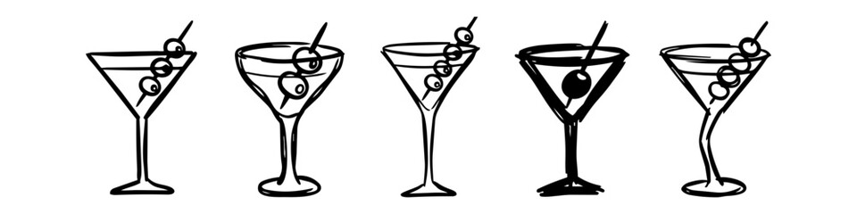 Set of five hand-drawn martini glass sketches with olives. Minimalist black and white cocktail illustrations for bar menus, party invitations, and nightlife designs. © Nort Kor