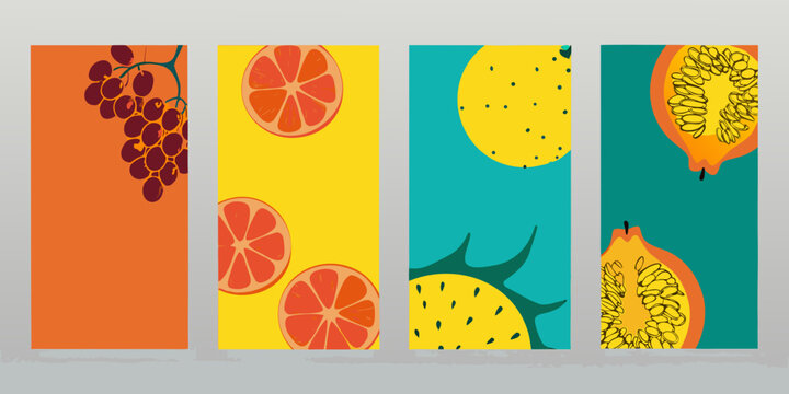Colorful fruit patterns arranged in vertical rectangular panels